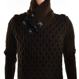TRICOT WOVEN SHAWL COLLAR SWEATER-BROWN